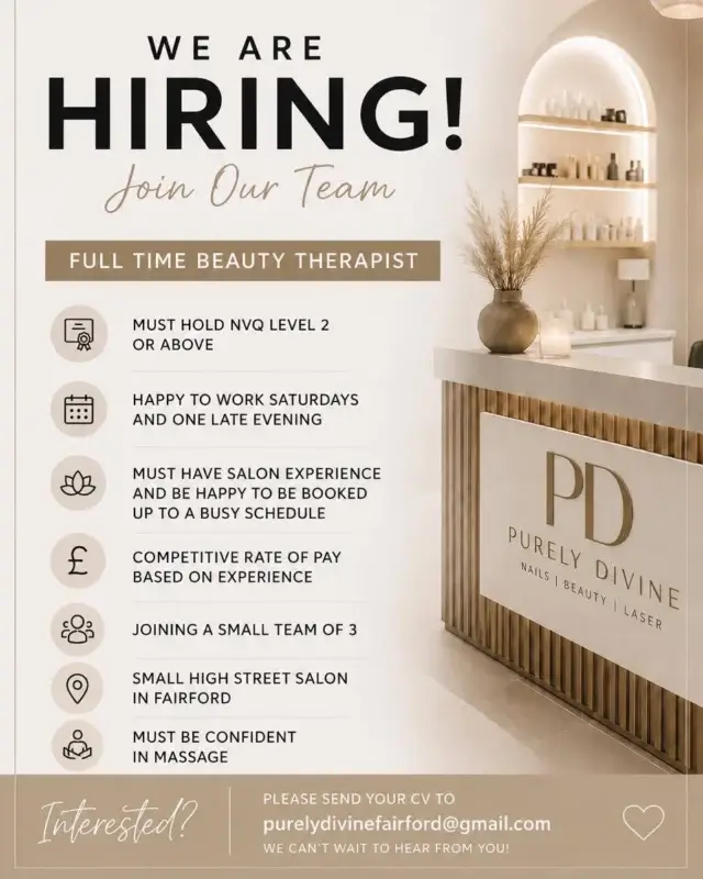 We have an opening for a therapist! 🤩 

Please contact us direct for more information 💎 

#therapist #jobvacancy #wearehiring #beautytreatments #fairford #cotswolds